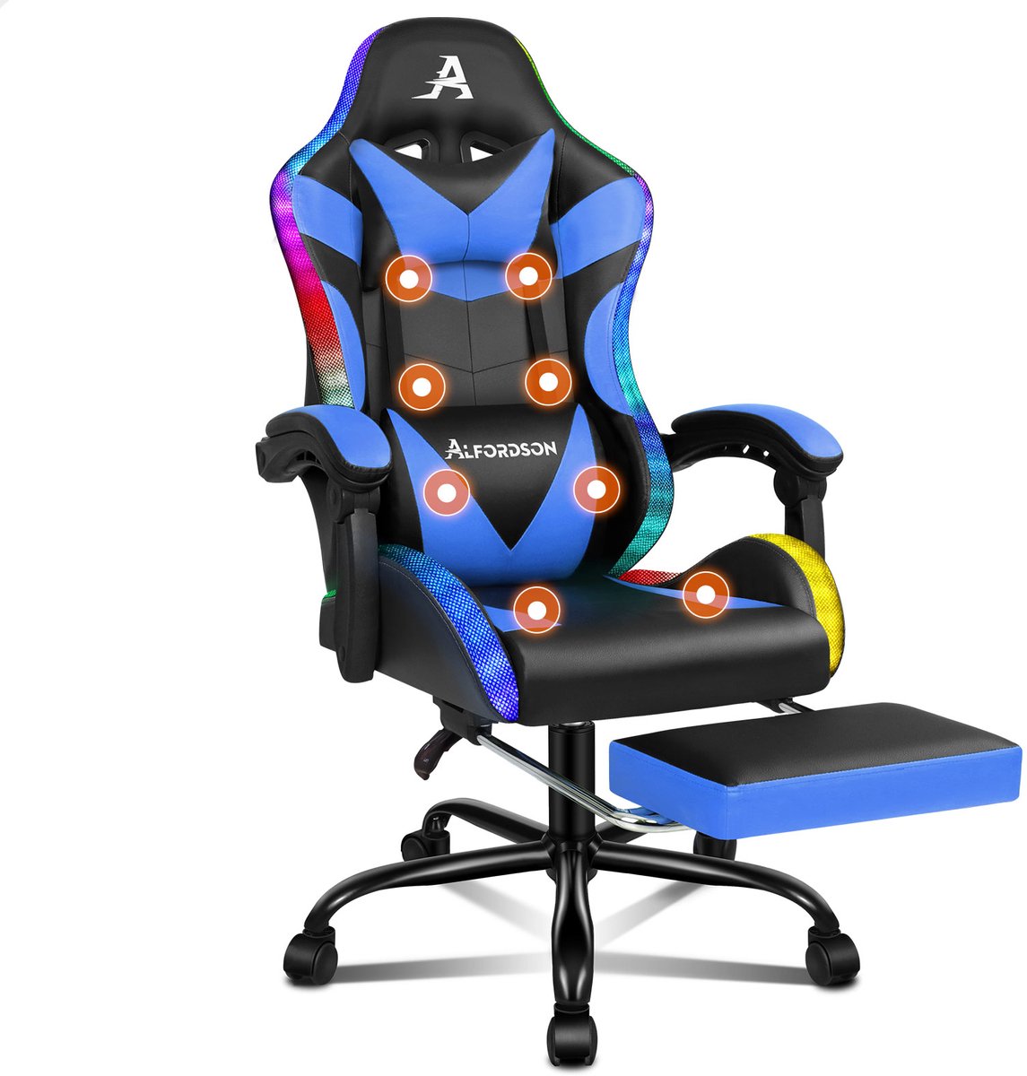 Gamingstoel / massagestoel met LED, ergonomische bureaustoel met 150° kanteling.