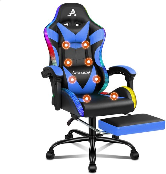 ALFORDSON - Gaming stoel massagestoel met LED - Ergonomische bureaustoel met 150° kanteling - Uitschuifbare voetensteun - PU leder - Hoogteverstelbaar - Draagkracht tot 180 kg
