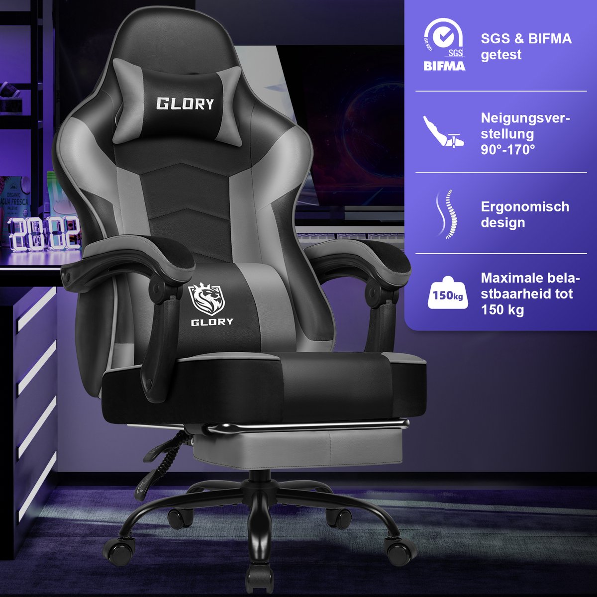 Hiaonyx Gaming Stoel - 170° Verstelbare Rugleuning - Gaming Stoel met inklapbare Voetsteun - racerstijl - Geïntegreerde Armleuningen - Maximale Belastbaarheid 150kg - met stille wielen - Zwart Grijs – foto 7