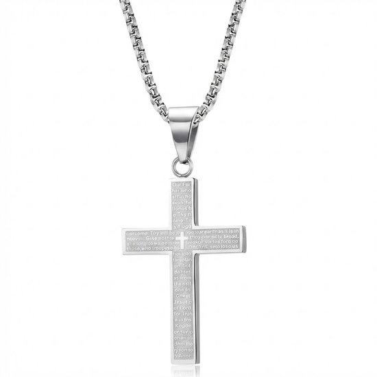 Collier croix en acier inoxydable – Gravé du Notre Père – Couleur argent – ​​60 cm