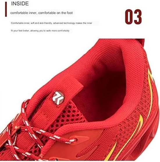 Binnenzijde van de rode sneaker, met focus op de gewatteerde kraag en ademende mesh voering.