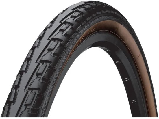 Continental Ride Tour fietsband, 700c x 35, zwart met bruine zijkant en een robuust profiel.