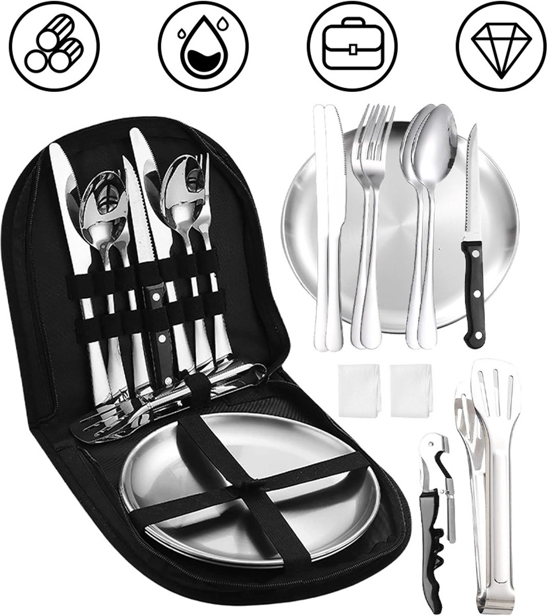 Camping Bestek Set - 13-delige Picknick Servies Set - RVS - Outdoor Kampeer Gereedschap - voor 2 Personen - Lichtgewicht & Herbruikbaar - Reis & BBQ