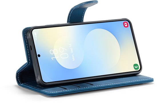 Donkerblauwe book case met telefoon, opengeklapt.