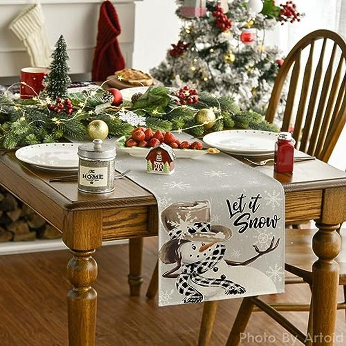 Grijze Sneeuwpop Sneeuwvlokken Tafelloper - Winter Keuken Eettafel Decor