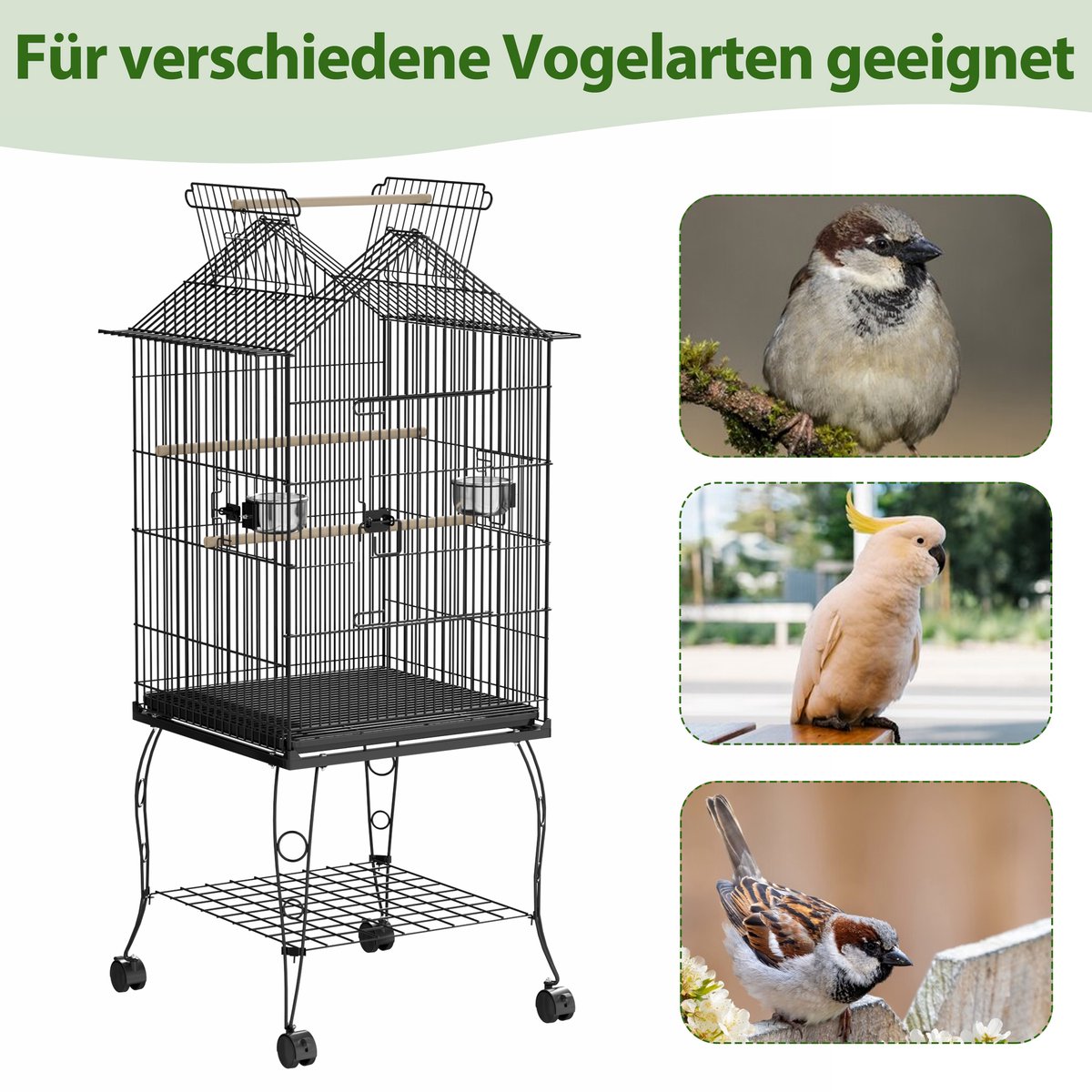 Froadp Vogelkooi met standaard Parkietkooi met te openen dak 55 x 55 x 145 cm Vogelvolière Papegaaienkooi Druppelvormige vogelkooi met voederhuisje en zitstok van hout voor parkieten thumbnail 5