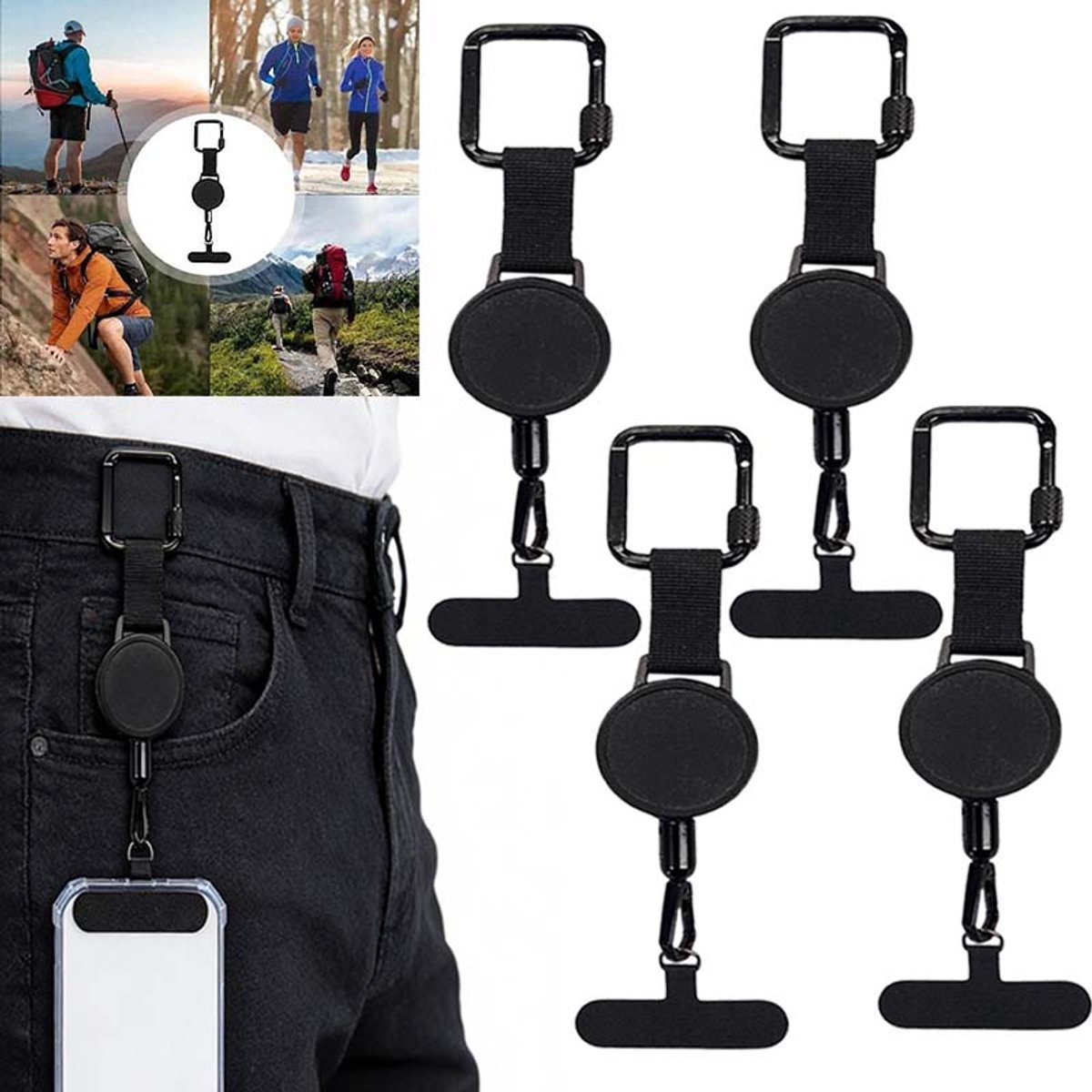4 Stuks Uittrekkbare Anti-diefstal Mobiele Telefoon Hangkabel - Mobiele Telefoon Anti-diefstal Hangkabel - Geschikt Voor Outdoor Sporten Zoals Reizen / Wandelen / Klimmen (Zwart)