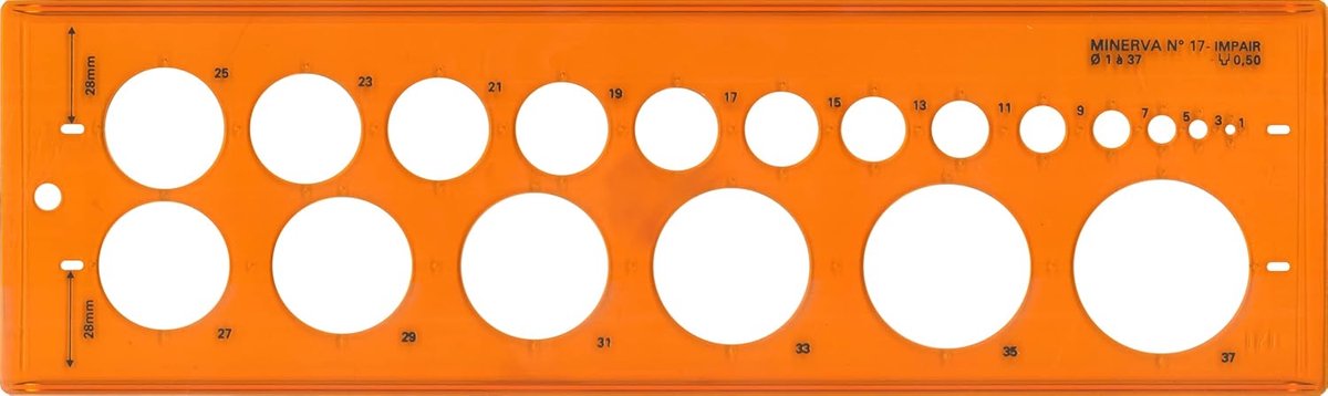 Cirkel Sjabloon - Tekenhulp - Tekenen Cirkels - 17 Ongelijke Cirkels - Diameter 1-37mm - Oranje
