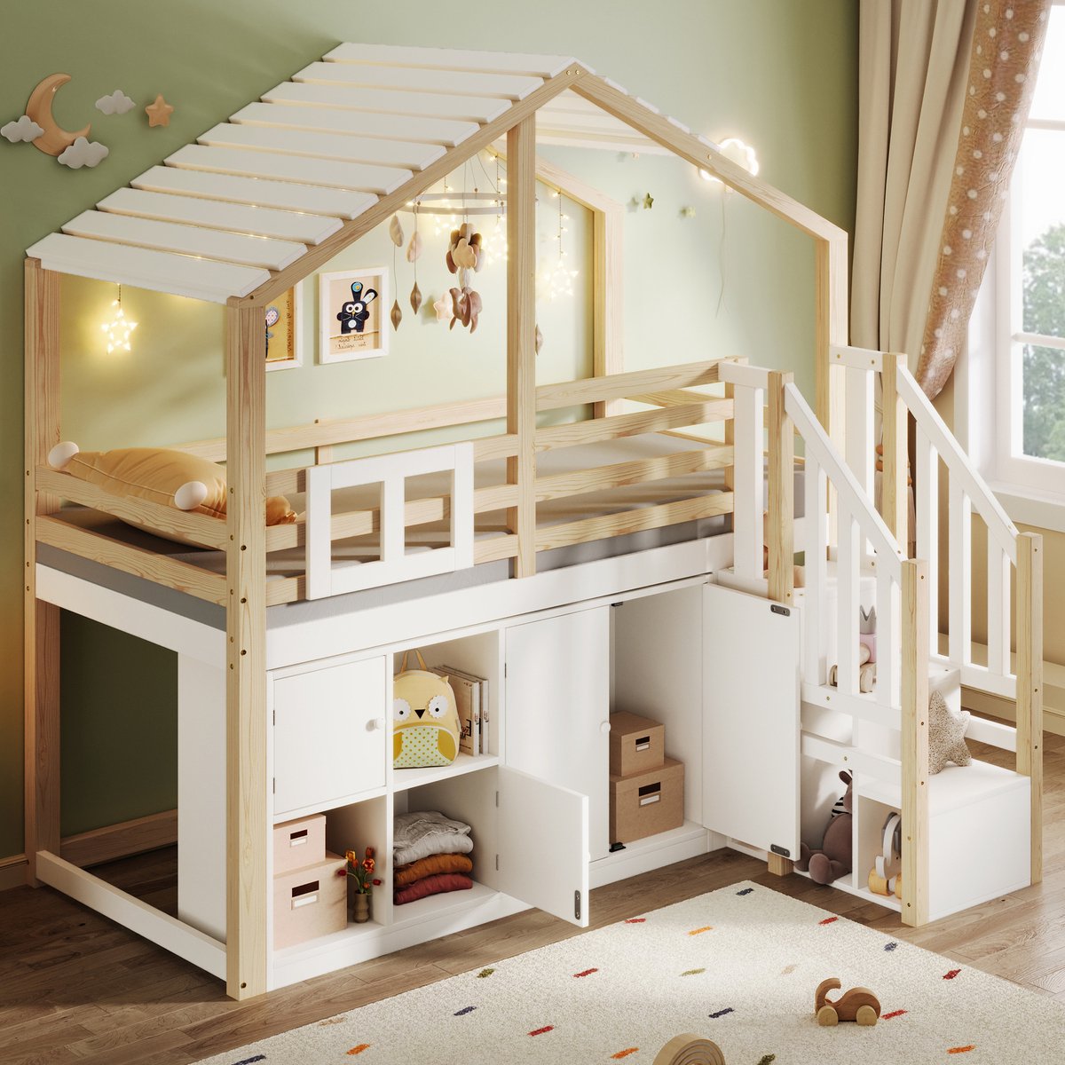 MODENUIT Hoogslaper 90x200 cm – Huisvorm met raam – Opbergtrap en vakken – Met bedhekje – Grenen en MDF – Wit/Naturel – Zonder matras