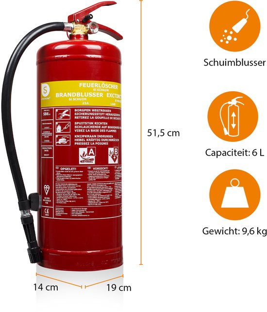 Smartwares 10.015.05 - Brandblusser Schuim 6L - Incl ophangbeugel - Brandklasse AB - BSI Gecertificeerd