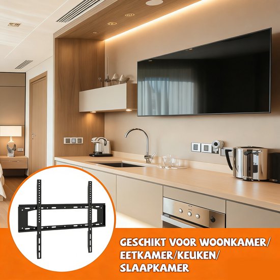 Zwarte tv-beugel in een moderne keuken, geschikt voor woonkamer, eetkamer, keuken, slaapkamer.
