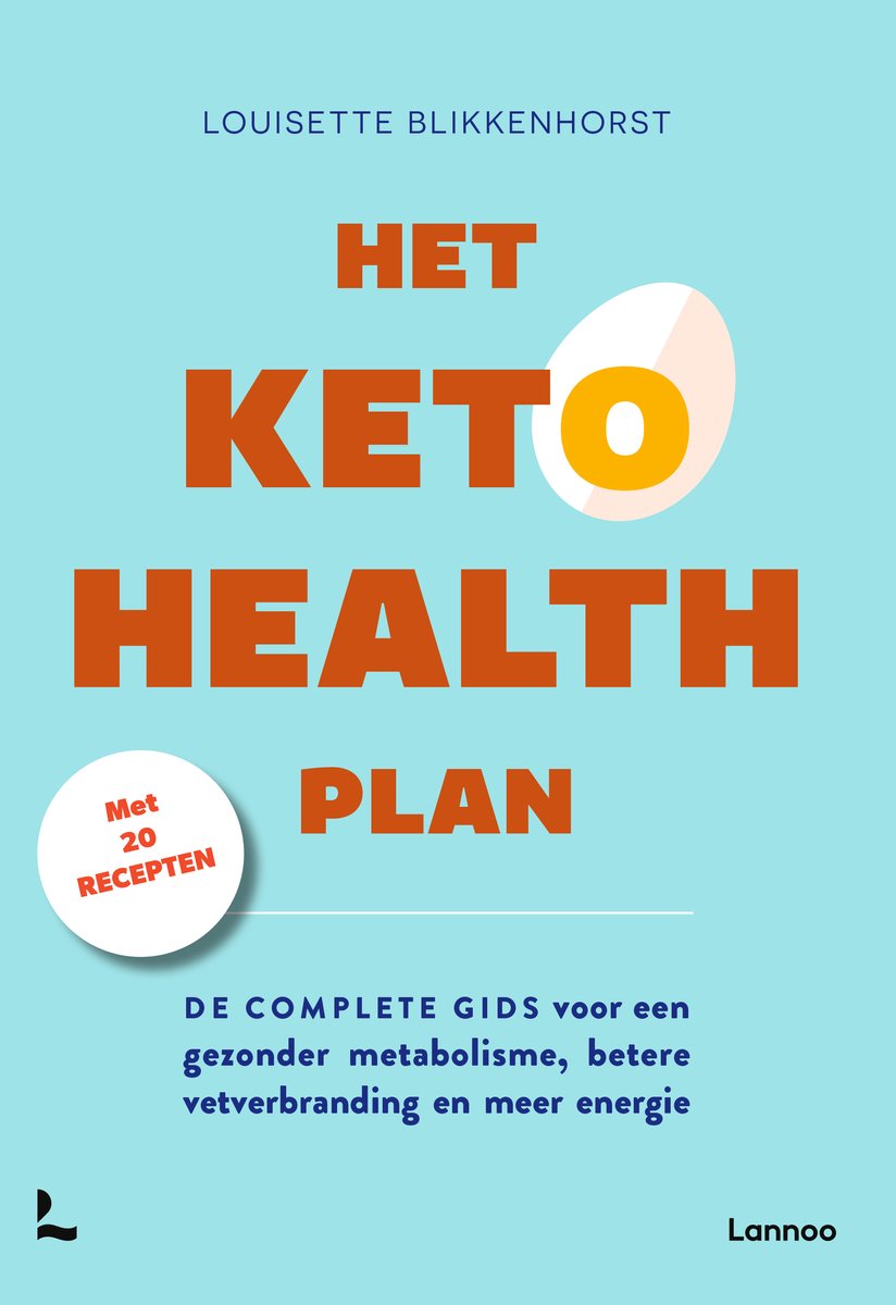 Boekcover: "Het Keto Health Plan" in grote oranje letters, met een halve witte en gele ei. Tekst: "Met 20 recepten".
