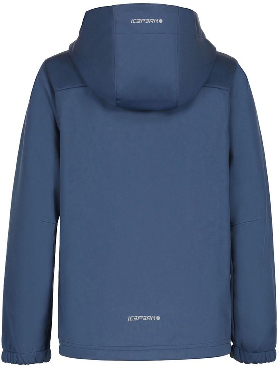 Achterkant van een donkerblauwe jas met capuchon en Icepeak logo onderaan.