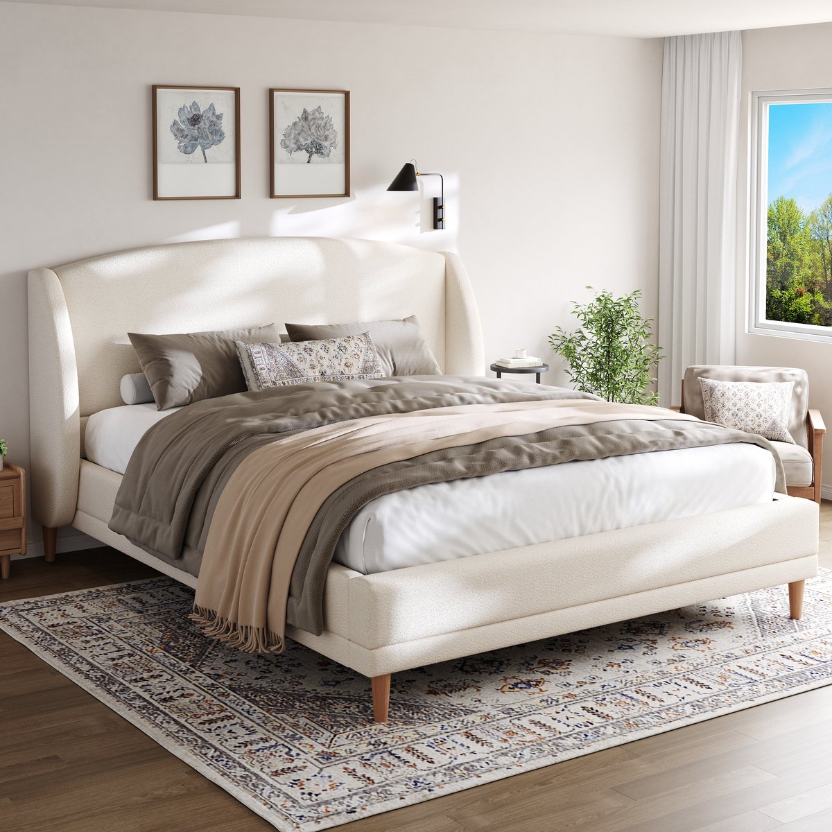MODENUIT Gestoffeerd Bed 140x190 cm – Hoofdbord met Zijpanelen – Lattenbodem – Zonder matras – Bouclé – Wit