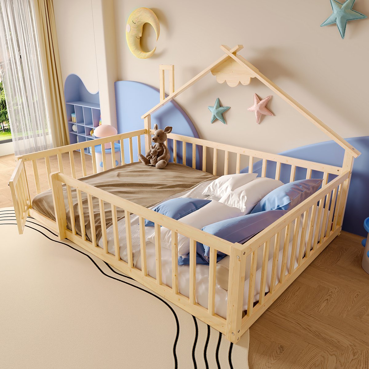 MODENUIT Kinderbed 140x190 cm – Huisvormig Vloerbed met Zijhek en Sluiting – Zonder matras – Grenenhout en MDF – Naturel