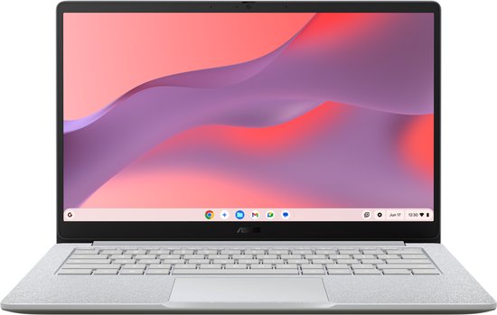 Zilveren ASUS Chromebook, voorkant, met open scherm en toetsenbord.