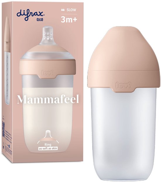Biberon Difrax LOVI 'Mammafeel' rose 250 ml à côté de son emballage. Tétine avec des motifs en forme de diamant.