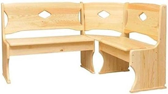 Massief houten hoekbank in naturel houtkleur. Twee zitgedeelten met rugleuningen, elk met ruitvormige uitsnijdingen.