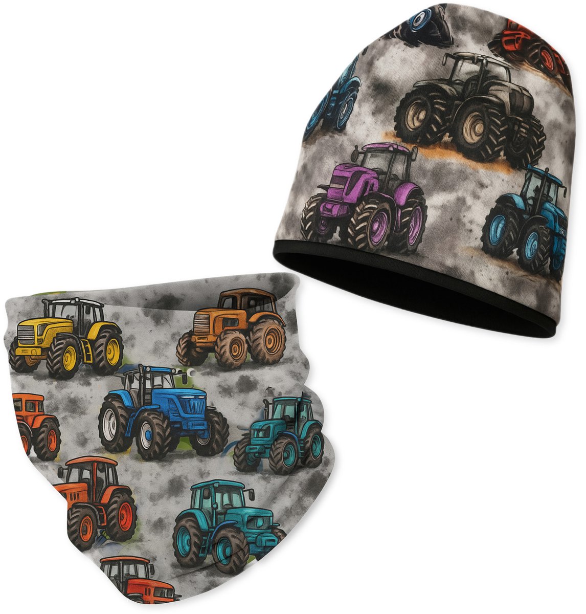 Dartomik Traktoren Serie - Babyset Muts en Sjaal - Dubbelzijdig - Fleecevoering - OEKO-TEX gecertificeerd