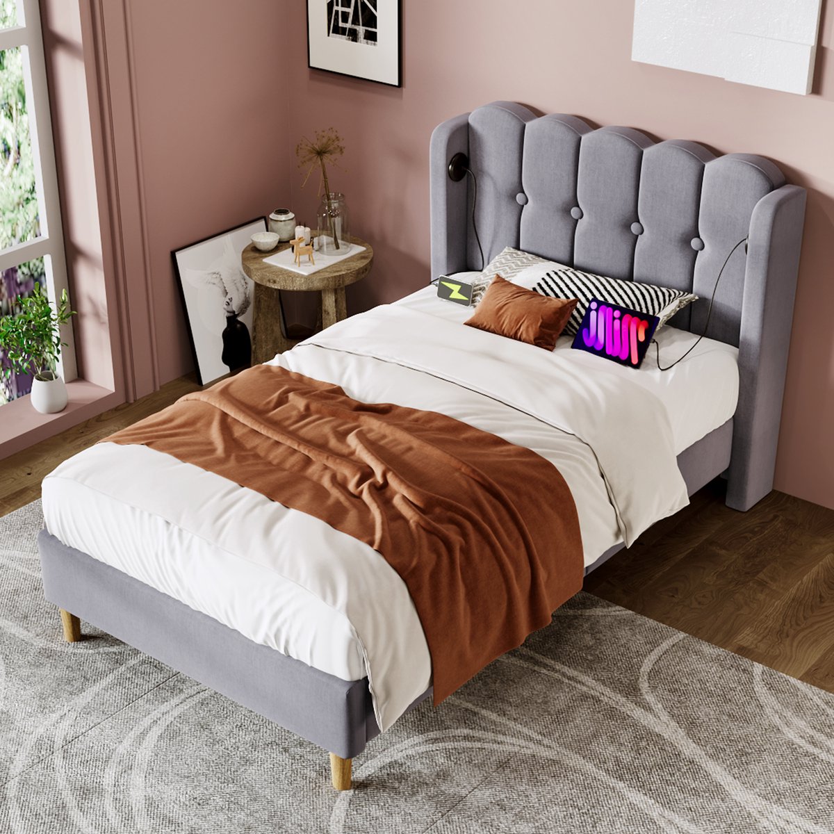 MODENUIT Gestoffeerd Bed 90x200 cm – Eenpersoonsbed met USB- en Type-C-aansluiting – Lattenbodem – Zonder matras – Grijs