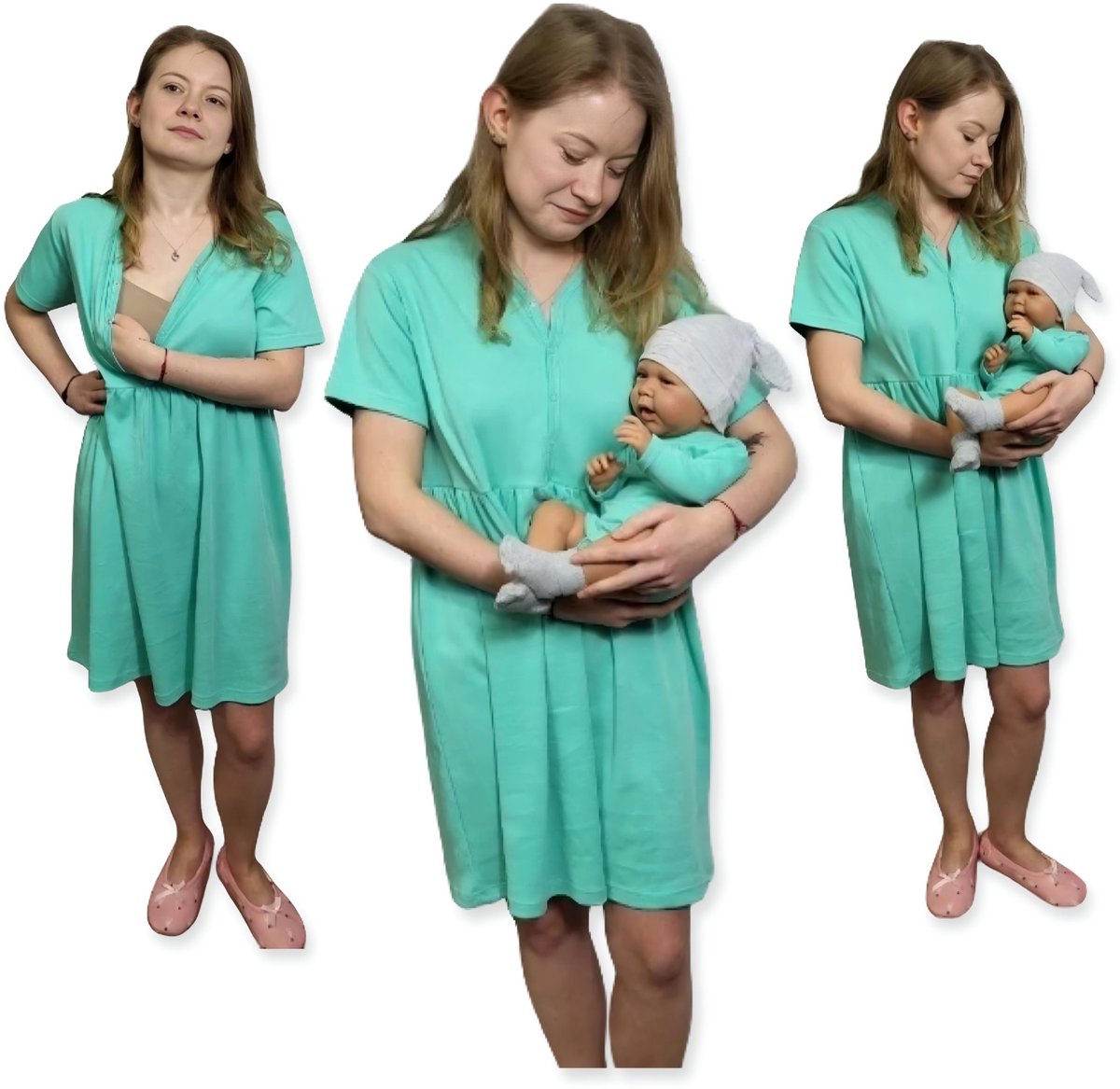 Dartomik Abcdefg-baby - Voedingsnachthemd - Kort Mouw - Maat XL - Mintkleur