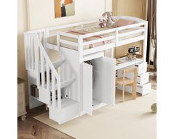 MODENUIT Hoogslaper 90x200 cm – Met Bureau en Kledingkast – Opbergtrap en 3 Laden – Zonder matras – Grenen – Wit