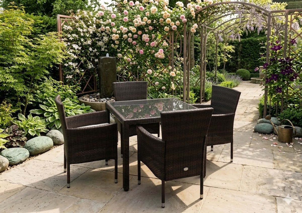 Tuinset van polyrattan, 150x90 cm tuintafel, 6 stapelbare stoelen, 7 cm kussens, 5 mm veiligheidsglas, bruin.