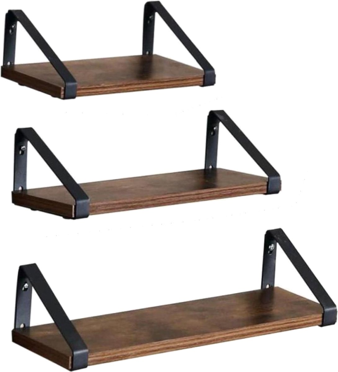 BEGRYF Set van 3 Wandplanken - Rustiek Bruin - Met Metalen Beugels - 30/35/40x12x11 cm - Industrieel Design - Houtlook Afwerking