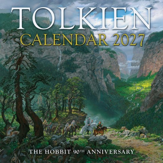Calendrier Tolkien 2027, 90e Anniversaire du Hobbit. Peinture de paysage épique avec des hobbits à cheval dans une vallée montagneuse.