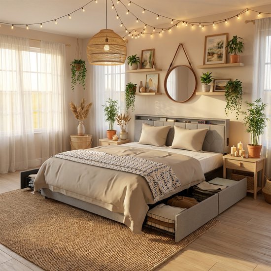 Gestoffen Bed - Van Linnenstof - 160x200cm - Bedframe - Met Rolbare Lades - Gepolsterd Hoofdeinde - Metalen Frame - Ladebed - Met Opbergruimte Onder Het Bed - Lichtgrijs - NAIZY