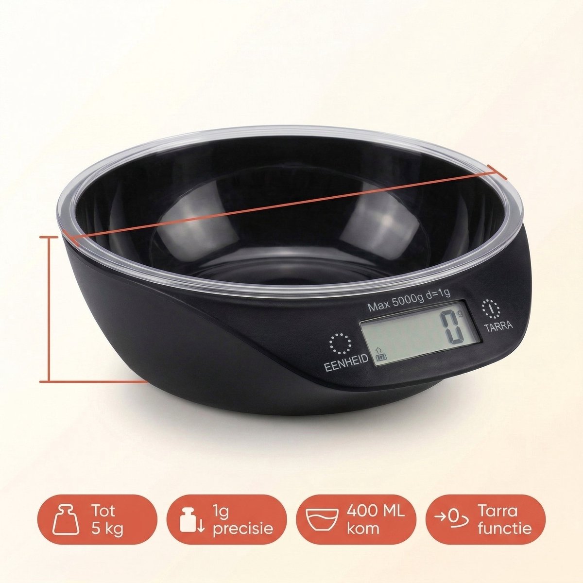 Lomera Keukenweegschaal Digitaal Met Afneembare Mengkom - Digitale Weegschaal Keuken Tot 5 kg - Tarra Functie - Precisie LCD Display