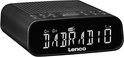 Zwarte digitale wekkerradio met wit display waarop 'DABRADIO' staat.