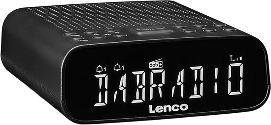 Zwarte digitale wekkerradio met wit display waarop 'DABRADIO' staat.