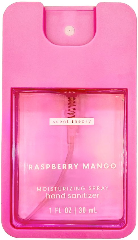 Roze spuitflesje handdesinfectiemiddel met de tekst 'Raspberry Mango'.