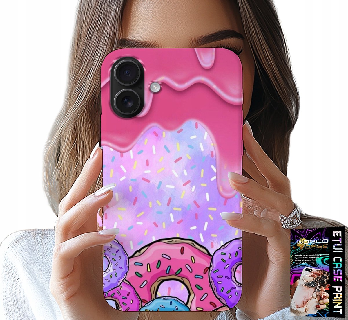 iPhone 16 Plus hoesje - Zoete donuts met glazuur op de achtergrond + glas