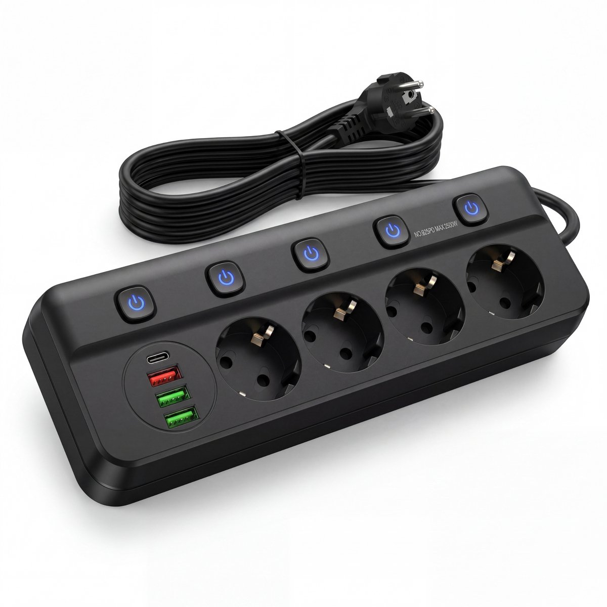 Oneproduct Stekkerdoos Zwart - Stekkerblok Met USB C - 4 Stopcontacten - 4 USB Poorten - Met Schakelaar - 2 Meter Snoer
