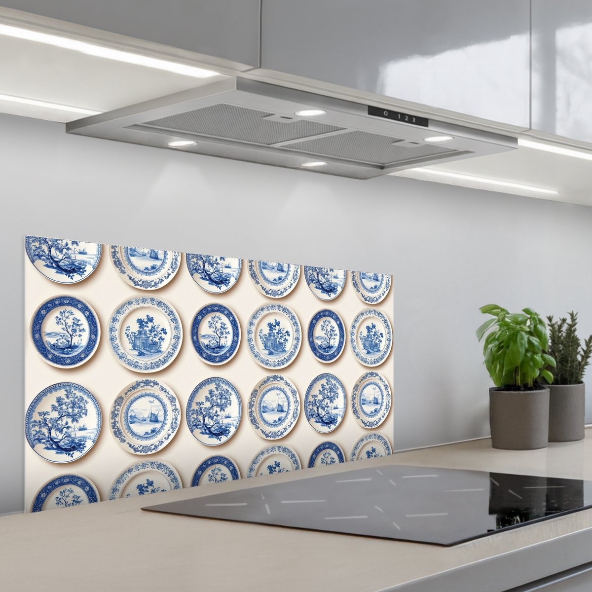 Spatscherm 80x40 cm - Zelfklevende achterwand Borden - Bomen - Planten - Blauw - Keuken muurbeschermer - Spatwand fornuis