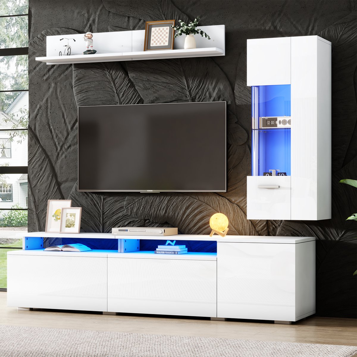 STILVORA Tv-Meubelset - Hoogglans Met Led En Vitrinekast - Voor Woonkamer Tot 80 Inch - MDF Glas Acryl - Wit