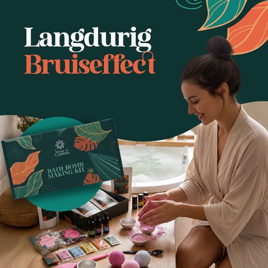 Vrouw maakt bruisballen bij een bad, met een badbom maken kit met ingrediënten en aroma's