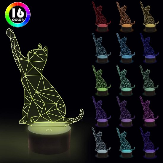3D LED Nachtlampje Kat met 16 Kleuren - Aanraakschakelaar & Afstandsbediening - USB Bureaulamp voor Kinderen en Cadeau — afbeelding 3