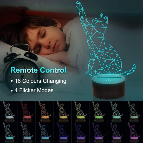3D LED Nachtlampje Kat met 16 Kleuren - Aanraakschakelaar & Afstandsbediening - USB Bureaulamp voor Kinderen en Cadeau — afbeelding 4