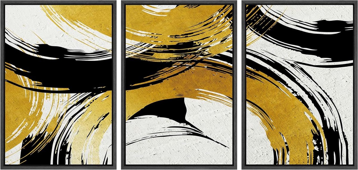 Set van 3 Ingelijste Wanddecoratie met Goud en Zwarte Geometrische Ringen - Moderne Abstracte Kunst voor Woonkamer en Slaapkamer