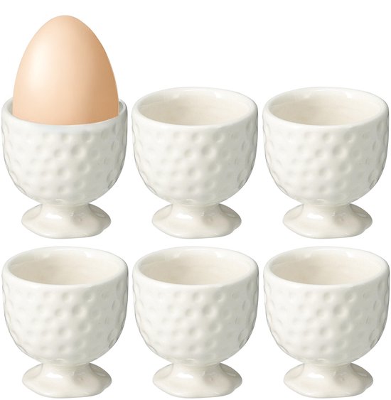 Bellatio Design Eierdopjes Dots - set van 6x - wit - keramiek - 5 x 5 cm - voor ontbijt/brunch/pasen