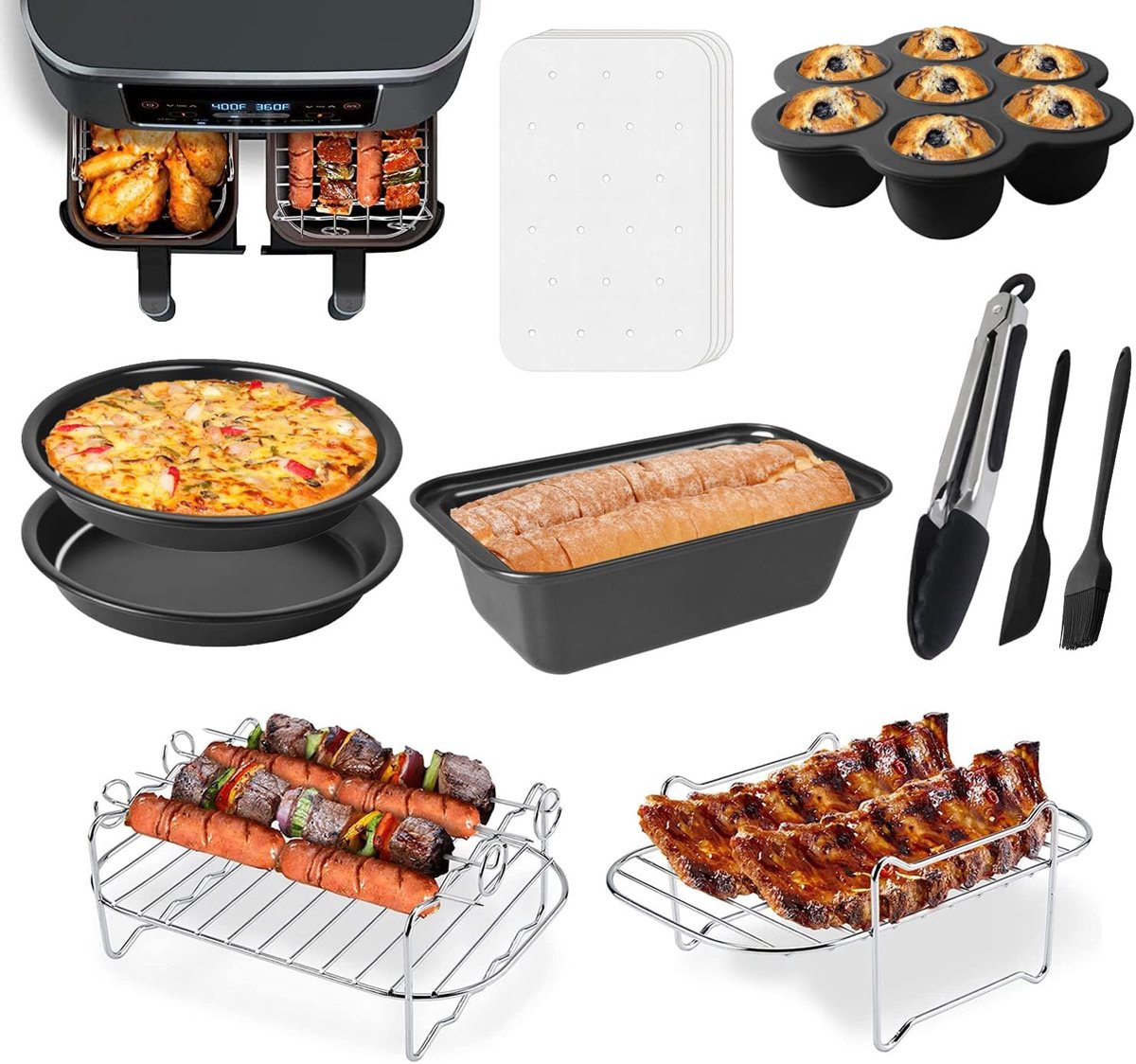 10-delige Accessoireset Geschikt voor Ninja Dual Airfryer DZ201 - DZ401 - Geschikt voor 8-10 Quart Dual Zone Airfryers - Met Cake Pan - Airfryer Accessoires Set - Pizza Pan - Rack - Spiesjes en Papier Liners