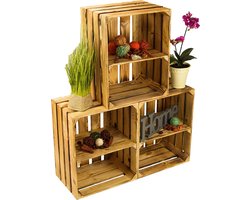 Set van 3 Gevlamde Houten Fruitkisten - Robuuste Opslagkisten als Tafel of Decoratie - 50x40x29 cm
