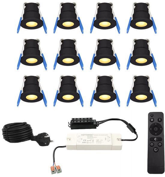 HOFTRONIC Set van 12 12V 3W - Mini LED Inbouwspot - Zwart - Dimbaar - Verzonken - Verandaverlichting - IP65 voor buiten - 2700K - Warm wit