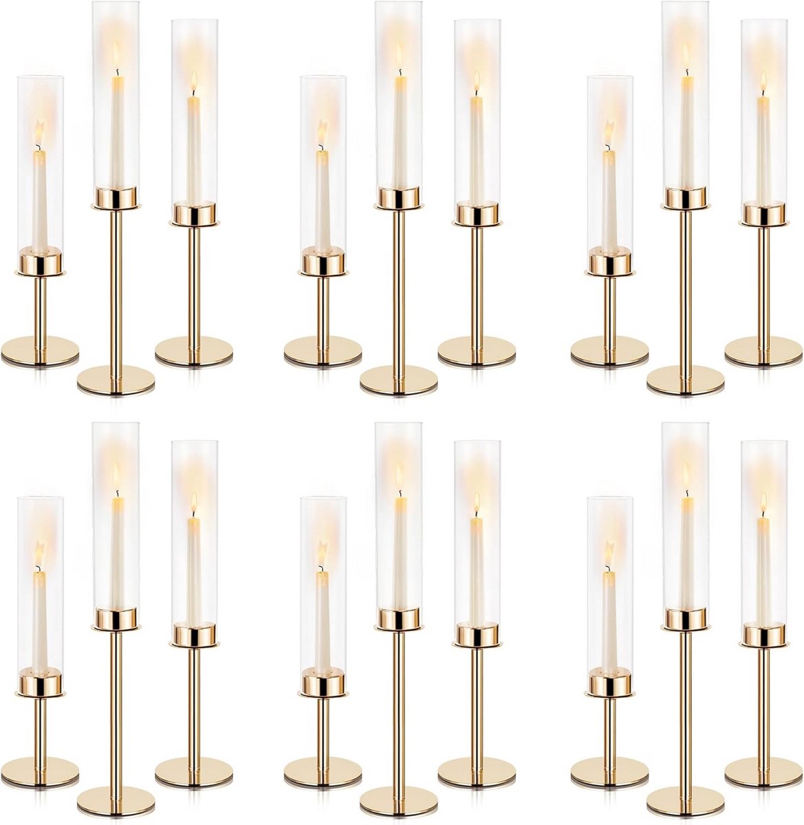 Set van 18 Gouden Kandelaars met Windlicht Cilinders voor Kaarsen