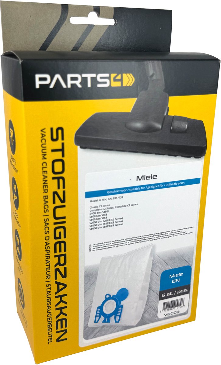 5 Stofzuigerzakken PARTS4® geschikt voor Miele GN | Made in Europe | O.a. geschikt voor Miele G, N, H, Classic C1, Complete C2, Complete C3, S2 (S2000 > S2999), S5 (S5000 > S5999), S8 (S8000 > S8999), MI40, 9917730