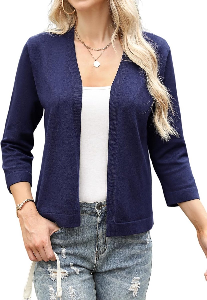 Lichtgewicht Gebreid Kort Cardigan voor Dames met V-Hals en 3/4 Mouwen