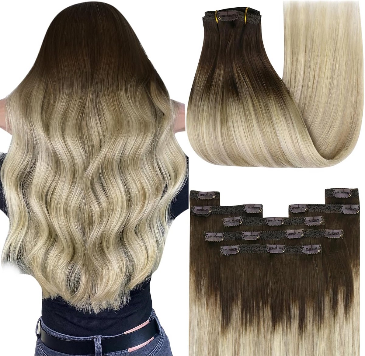 Clip-in Haarverlenging 56 cm Recht Ombre Donkerbruin naar Blond Balayage 7 Delen